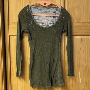 Olive Green Long Sleeve Distressed Look Top Metal Stud Accents
